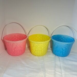 Blow mold Easter Bunny Plastic Buckets Set Of 3 Pink Yellow Blue Handle Basket